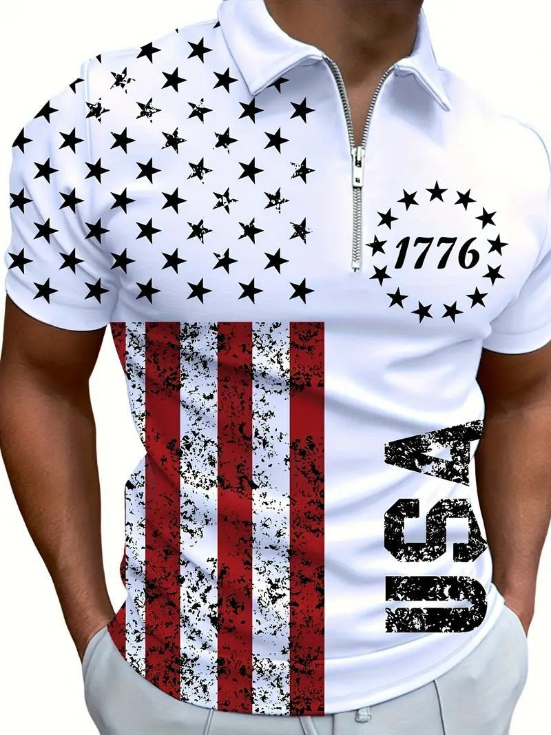 Men's 3D Digital Print Zip-Up Polo Shirt by Geo’s Online Store