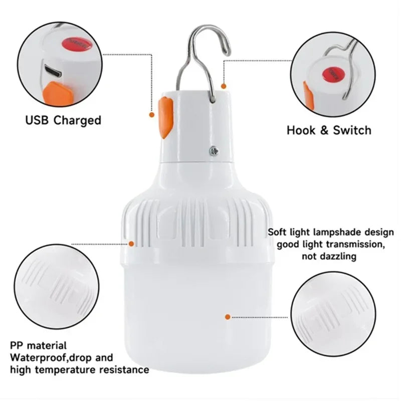 1PC Outdoor USB Rechargeable LED Lamp Bulbs 60W Emergency Light Hook Up Camping Fishing Portable Lantern Night Lights LT014 by Geo’s Online Store