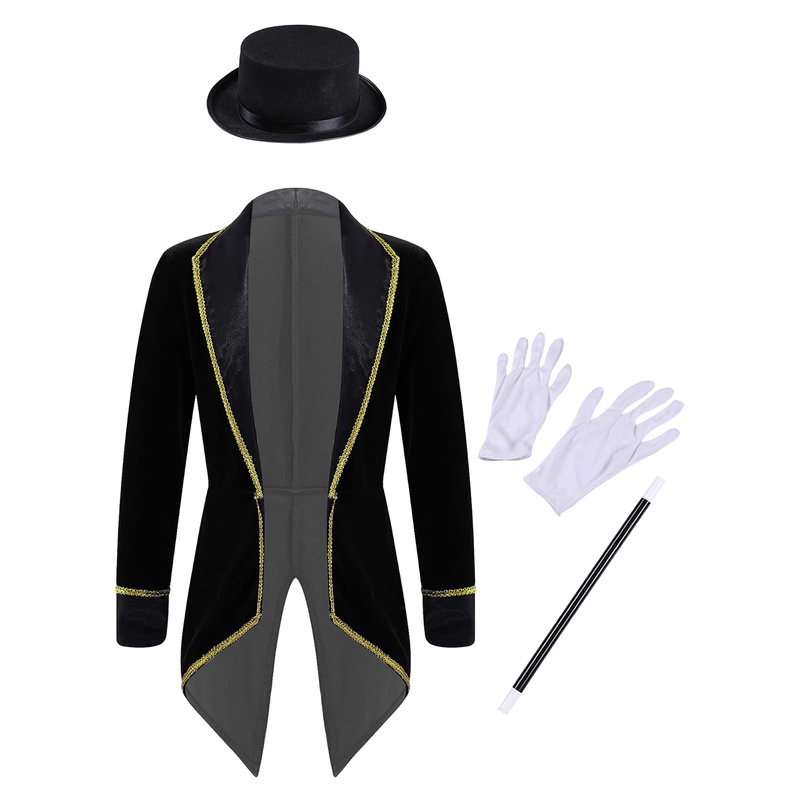 Girls Boys Circus Ringmaster Magician Showman Carnival Cosplay Costume Set Long Sleeve Lapel Tailcoat with Hat Magic Wand Gloves by Geo’s Online Store