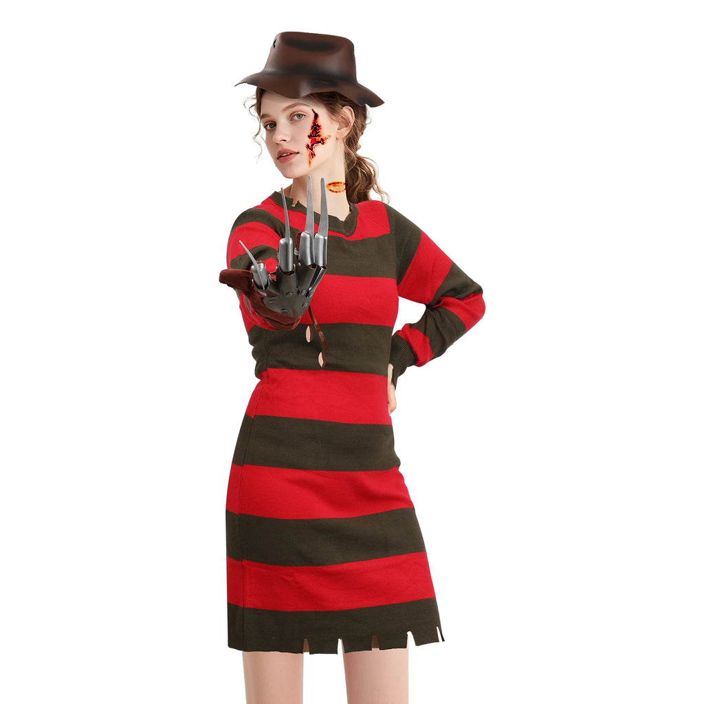 4Pcs Freddy Krueger Costume Women Halloween Nightmare Killer Knitted Dress Hat Gloves Scar Stickers Carnival Costume by Geo’s Online Store
