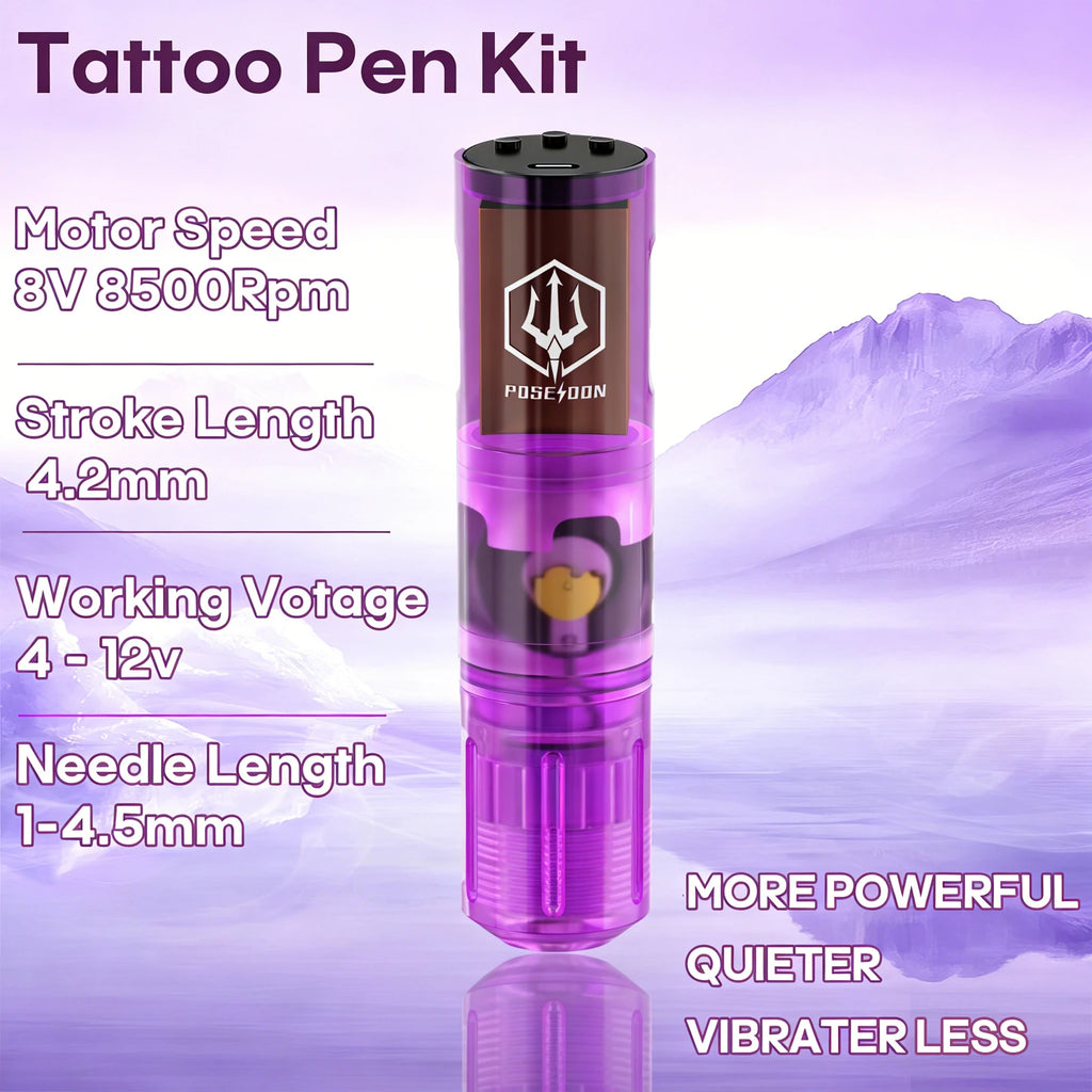 Tattoo Kit POSEIDON High Power Tattoo Pen Kit For Permanent Makeup Tattoo Machine Kit Hot Purple Tattoo Power Supply Tattoo Gun by Geo’s Online Store