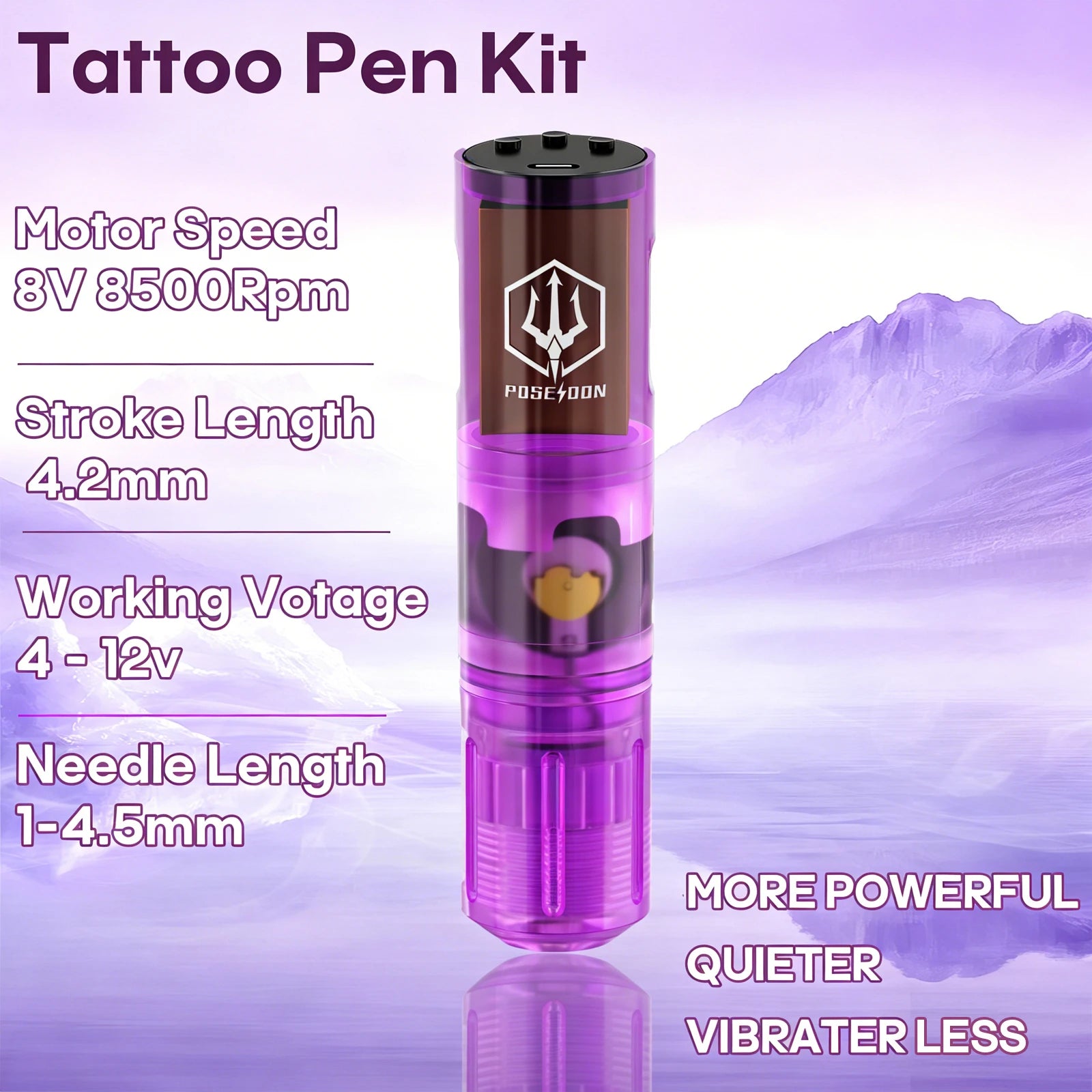 Tattoo Kit POSEIDON High Power Tattoo Pen Kit For Permanent Makeup Tattoo Machine Kit Hot Purple Tattoo Power Supply Tattoo Gun by Geo’s Online Store