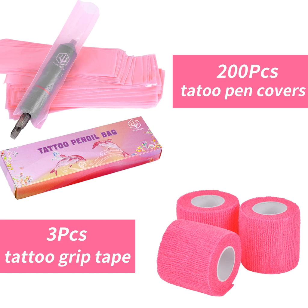 POSEIDON Tattoo Pencil Sleeve Bag Covers 200Pcs and 3Pcs Pink Bandage Practice Taattoo Sets Microblading Supplie for Artists by Geo’s Online Store