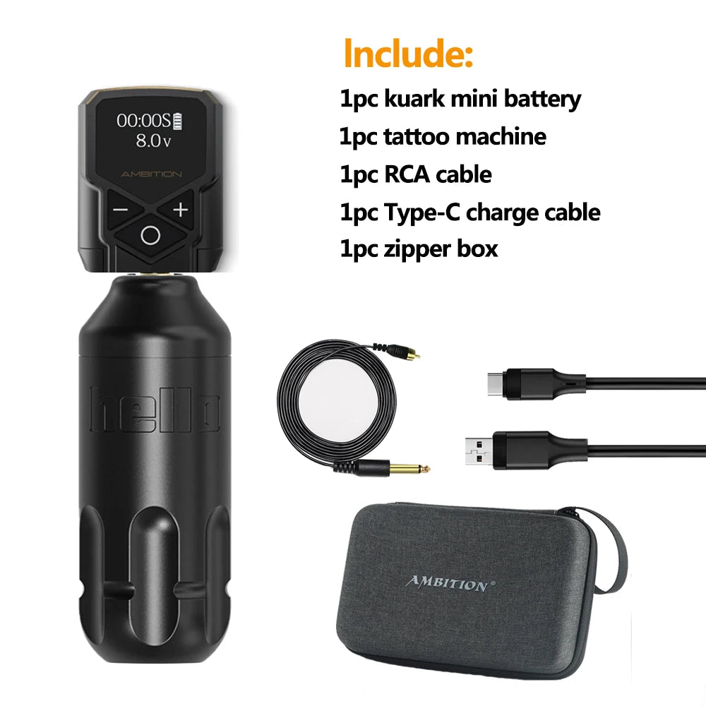 Ambition Tattoo Machine Rotary Pen Kit 2400mAh Wireless Kuark Power Supply Permanent Makeup Eyebrow Lip Tattoo Beginner Artister by Geo’s Online Store