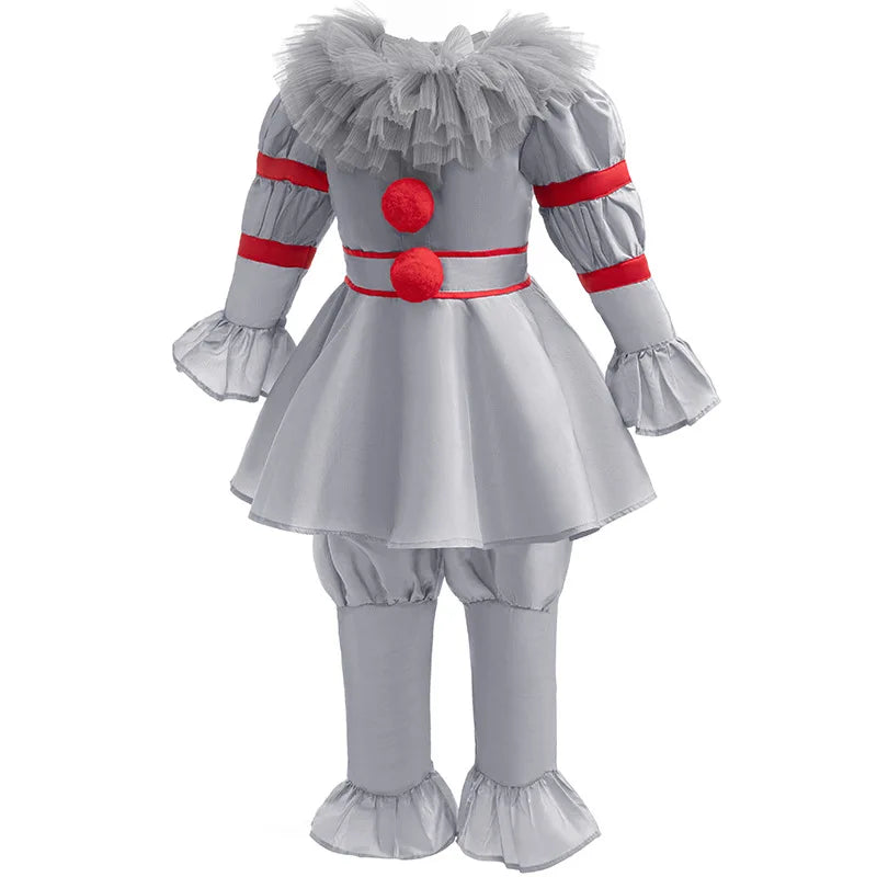 Kids Scary Joker Pennywise Cosplay Costume Horror Ghost Movie It Puff Sleeve Tulle Collar Top With Pants For Halloween Carnival by Geo’s Online Store