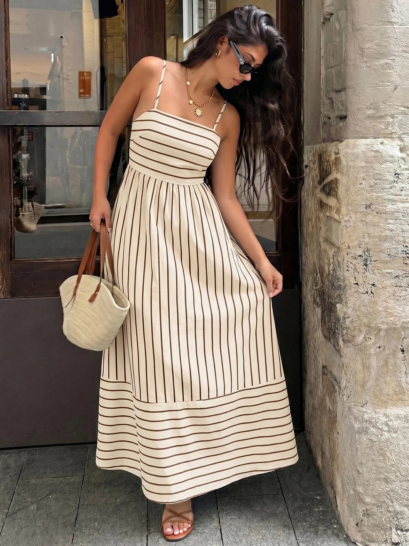 2026 Summer New Striped Backless Loose Beach Dress Women Causal Slip Strapless Long Dress Women Chic Party Holiday Dress by Geo’s Online Store