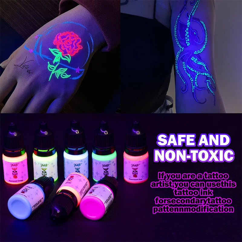 5ml Fluorescent Tattoo Ink Kit 8 Color Fluorescent Tattoo Ink Kit,Safe Non-toxic,Body Art Ink Kit,Glows Under Ultraviolet Light by Geo’s Online Store