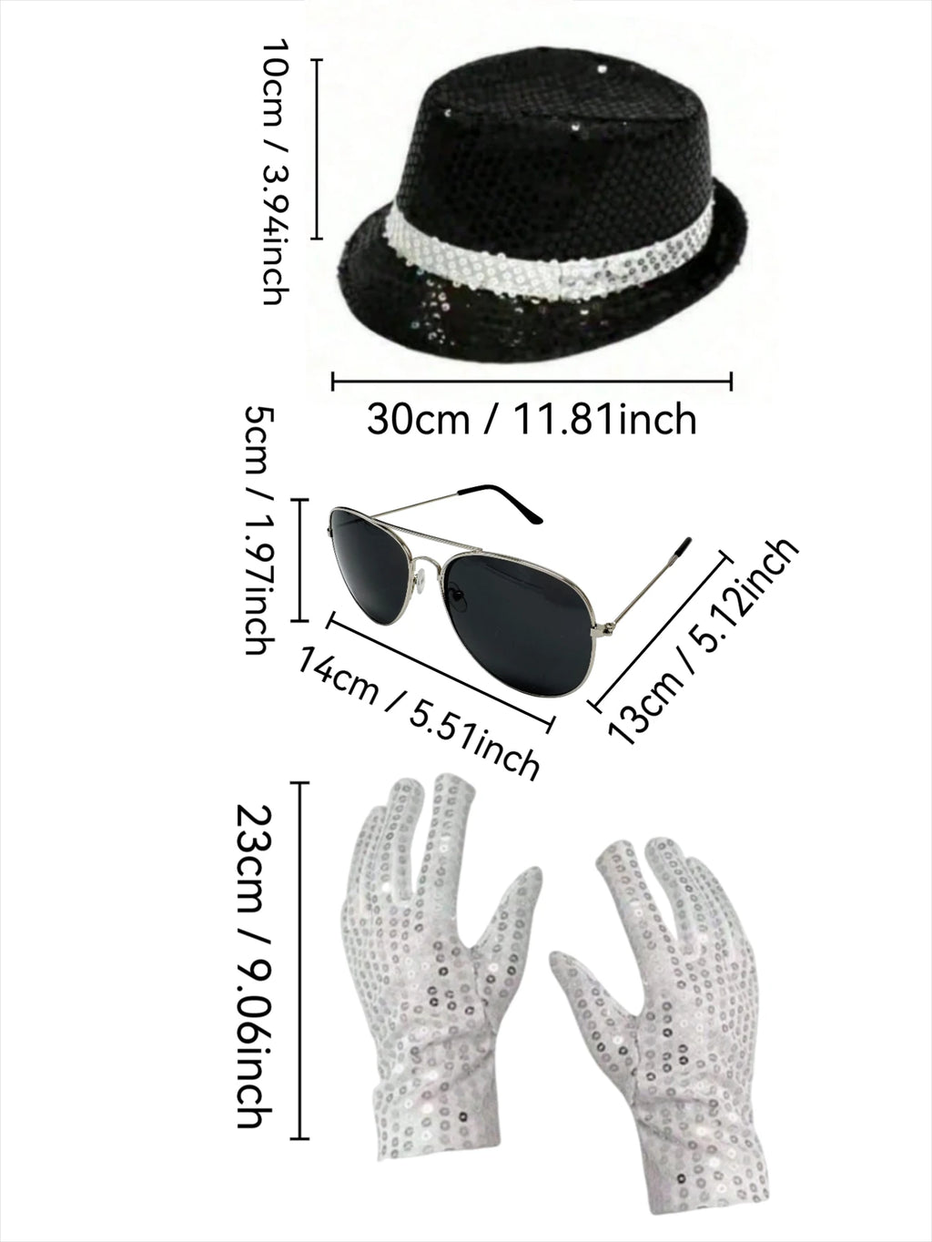Michael Jackson Costume Accessories Set - Sequin Fedora Hat + Rhinestone Gloves + Aviator Sunglasses, Halloween Cosplay Party Dr by Geo’s Online Store