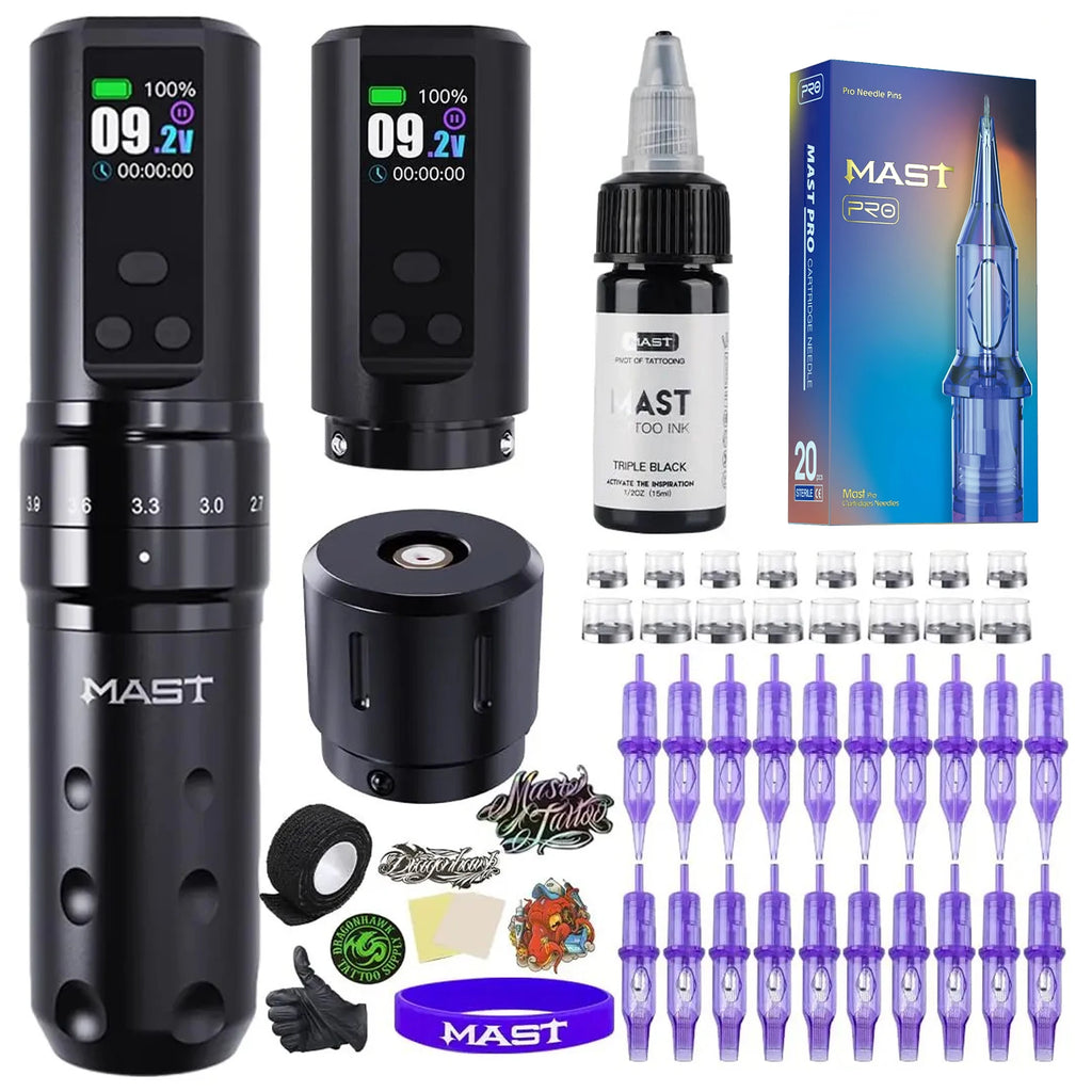 Mast Fold2 Pro Tattoo Machine Gun Full Kit Wireless Pen 7 Strokes 2 Batteries 2000mAh Power Supply for Body Art Permanent Makeup by Geo’s Online Store