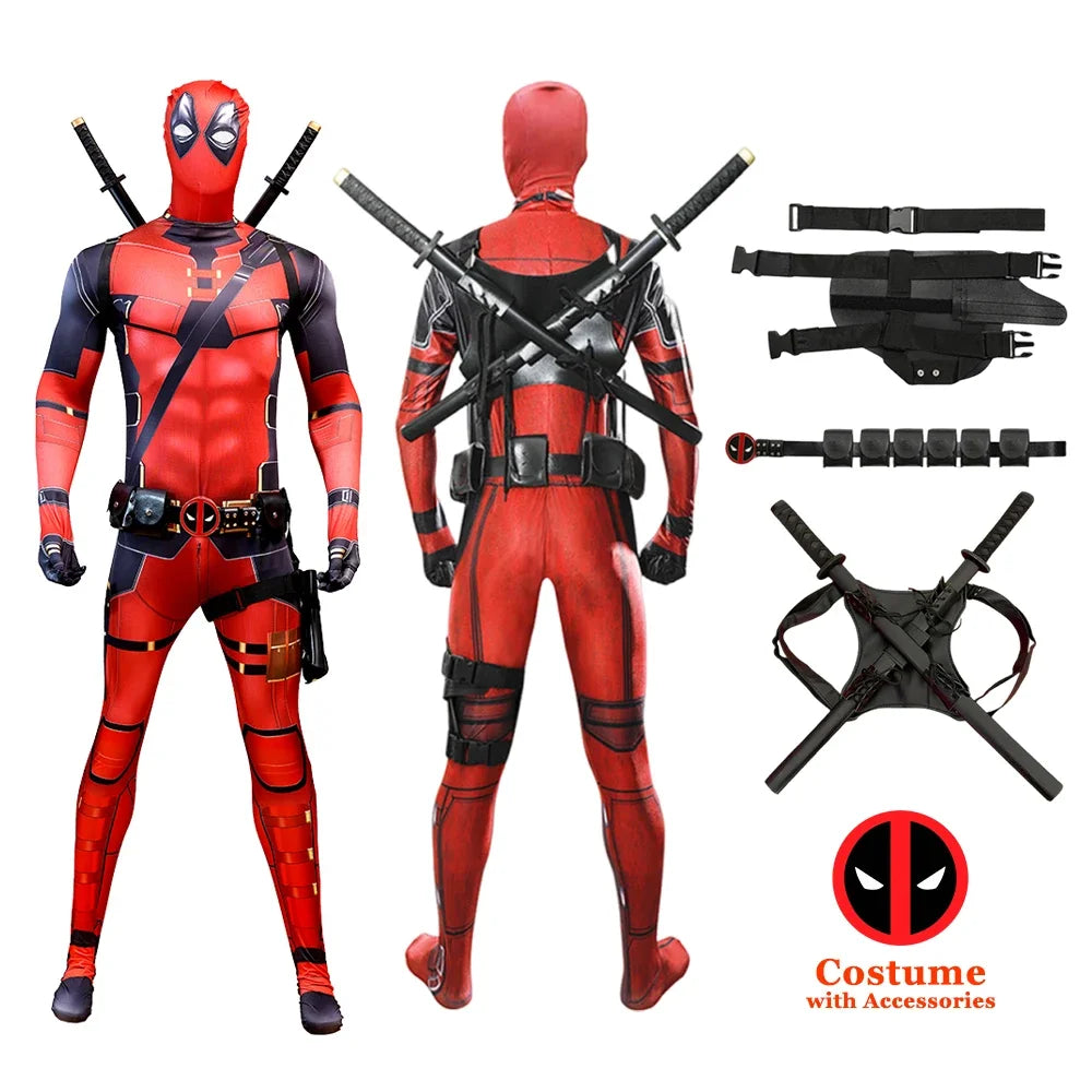 Deadpool Child Costume Halloween Costumes Kids Men Adult Superhero Bodysuit Jumpsuit Children Cosplay Costume Swords Accessories by Geo’s Online Store
