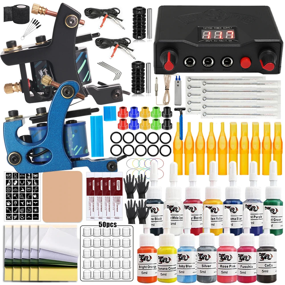 Coils Tattoo Machines Kit Cheap Beginner Tattoo Kit with Power Supply Tattoo Needles Body Arts Supplies for Liner Shader Machine by Geo’s Online Store