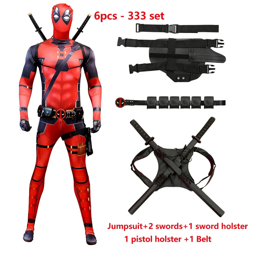 Deadpool Child Costume Halloween Costumes Kids Men Adult Superhero Bodysuit Jumpsuit Children Cosplay Costume Swords Accessories by Geo’s Online Store
