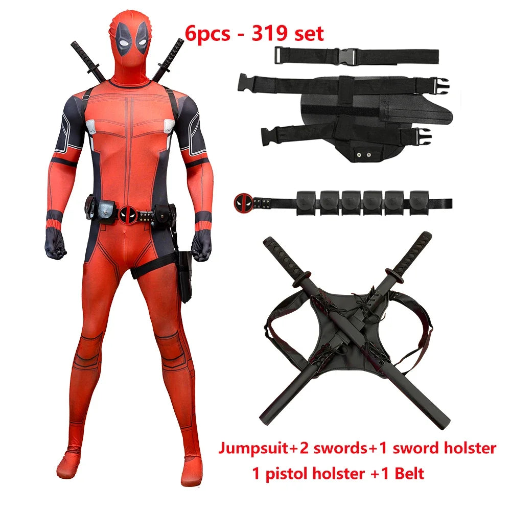 Deadpool Child Costume Halloween Costumes Kids Men Adult Superhero Bodysuit Jumpsuit Children Cosplay Costume Swords Accessories by Geo’s Online Store