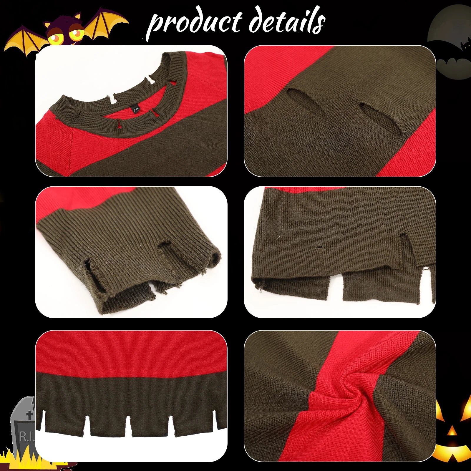 4Pcs Freddy Krueger Costume Women Halloween Nightmare Killer Knitted Dress Hat Gloves Scar Stickers Carnival Costume by Geo’s Online Store