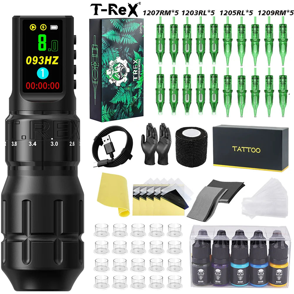 T-Rex Wireless Tattoo Machine Rotaty Pen Kit Adjustable Stroke Custom Motor 1800mAh LCD Screen Battery Makeup Pen For Tattoo Set by Geo’s Online Store