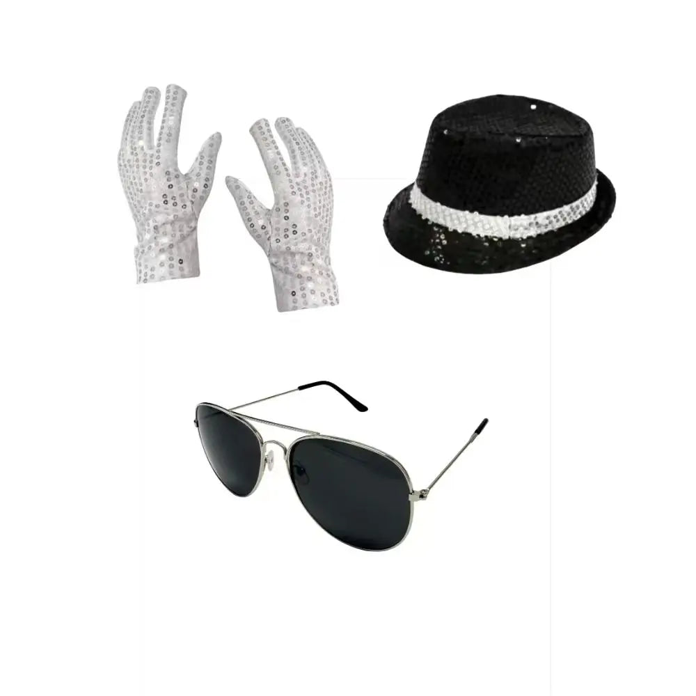 Michael Jackson Costume Accessories Set - Sequin Fedora Hat + Rhinestone Gloves + Aviator Sunglasses, Halloween Cosplay Party Dr by Geo’s Online Store