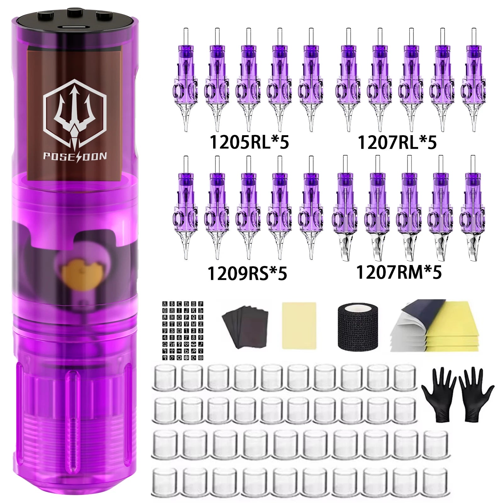 Tattoo Kit POSEIDON High Power Tattoo Pen Kit For Permanent Makeup Tattoo Machine Kit Hot Purple Tattoo Power Supply Tattoo Gun by Geo’s Online Store