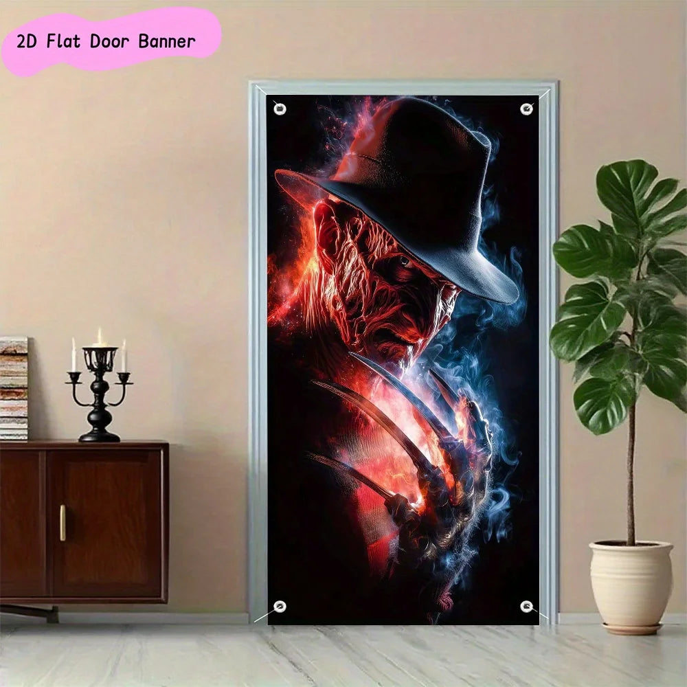 A 2D flat polyester door banner from the horror movie Freddy Krueger, suitable for party decoration and Halloween decoration by Geo’s Online Store