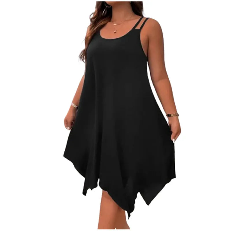 Plus Size Womens Solid Strappy Asymmetrical Hem T Shirt Midi Dress Ladies Sleeveless Casual Loose Summer Holiday Sundress XL-5XL by Geo’s Online Store