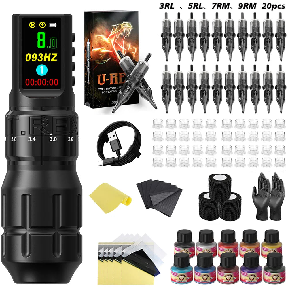 T-Rex Wireless Tattoo Machine Rotaty Pen Kit Adjustable Stroke Custom Motor 1800mAh LCD Screen Battery Makeup Pen For Tattoo Set by Geo’s Online Store