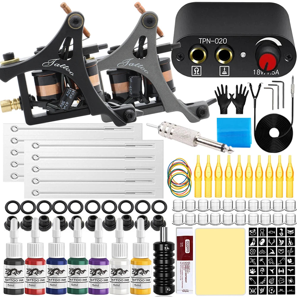 Complete Tattoo Machine Kit Coil Tattoo Machine Set Tattoo Beginner Power Supply Grip Body Art Tools Permanent Makeup Tattoo Set by Geo’s Online Store