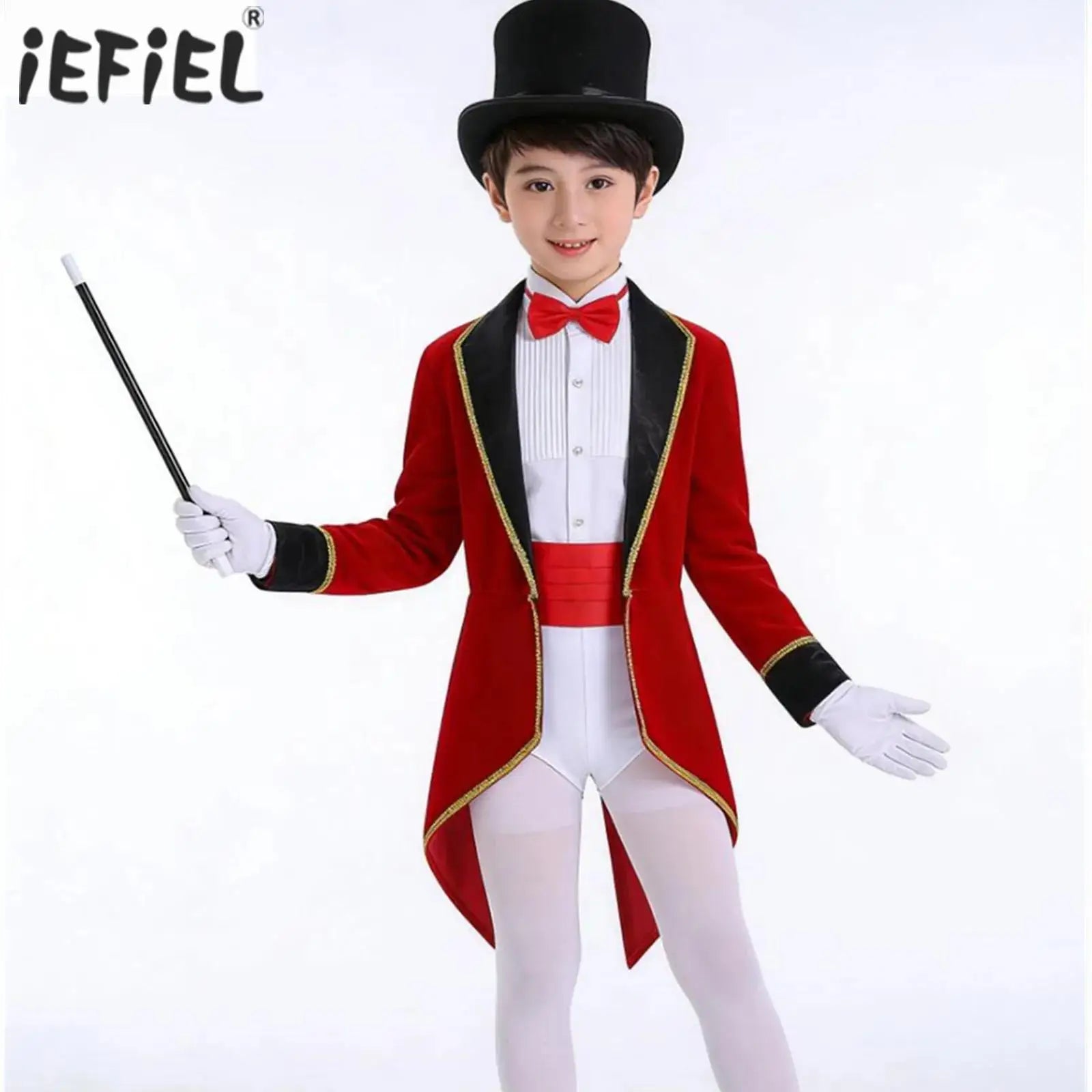 Girls Boys Circus Ringmaster Magician Showman Carnival Cosplay Costume Set Long Sleeve Lapel Tailcoat with Hat Magic Wand Gloves by Geo’s Online Store