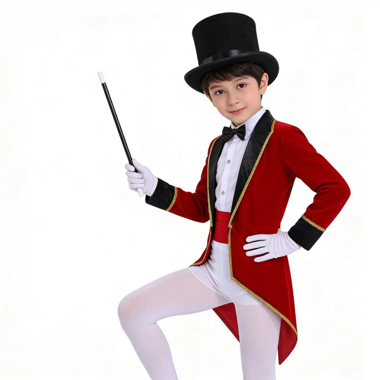 Girls Boys Circus Ringmaster Magician Showman Carnival Cosplay Costume Set Long Sleeve Lapel Tailcoat with Hat Magic Wand Gloves by Geo’s Online Store
