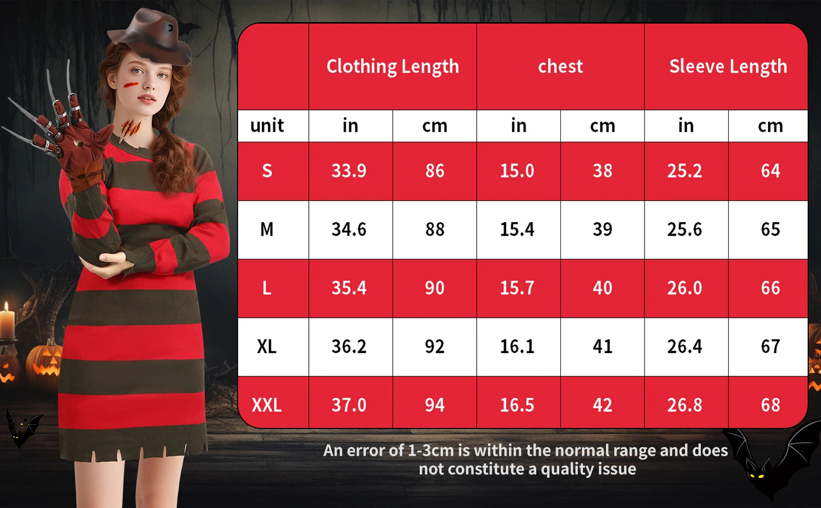 4Pcs Freddy Krueger Costume Women Halloween Nightmare Killer Knitted Dress Hat Gloves Scar Stickers Carnival Costume by Geo’s Online Store