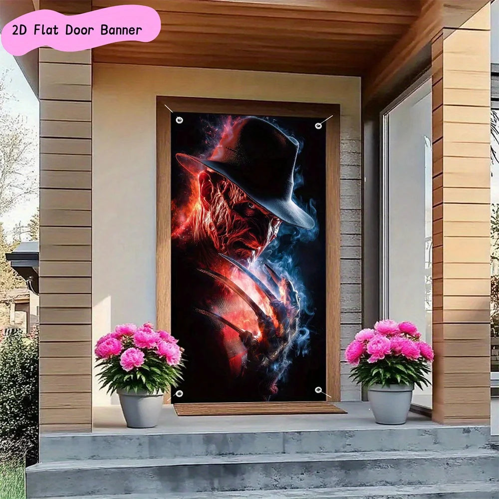 A 2D flat polyester door banner from the horror movie Freddy Krueger, suitable for party decoration and Halloween decoration by Geo’s Online Store