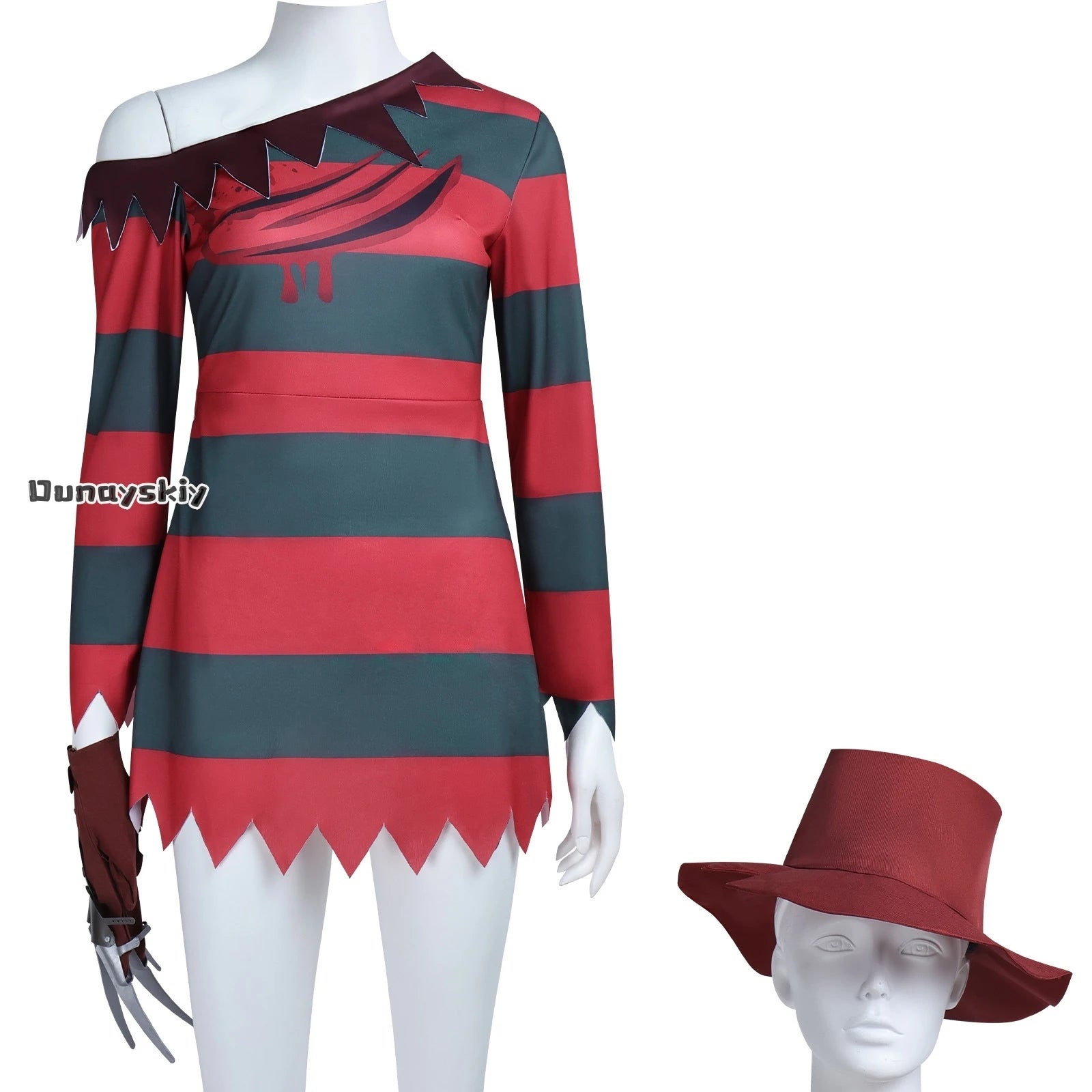 Yumekiri@3Pcs Freddy Krueger Costume Cospaly Costumes Halloween Killer Knitted Dress Hat Gloves Full Set Carnival Disguise by Geo’s Online Store