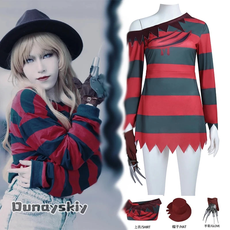 Yumekiri@3Pcs Freddy Krueger Costume Cospaly Costumes Halloween Killer Knitted Dress Hat Gloves Full Set Carnival Disguise by Geo’s Online Store