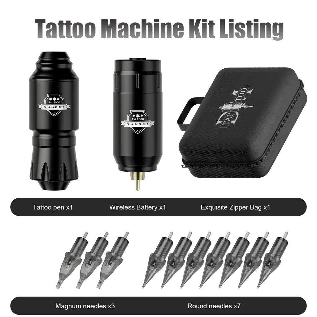 DM Wireless Tattoo Kit Complete Mini Rocket Machine Battery Case Needle Power Ink Rotary Tattoo Pen Permanent Makeup Tattoo Kit by Geo’s Online Store
