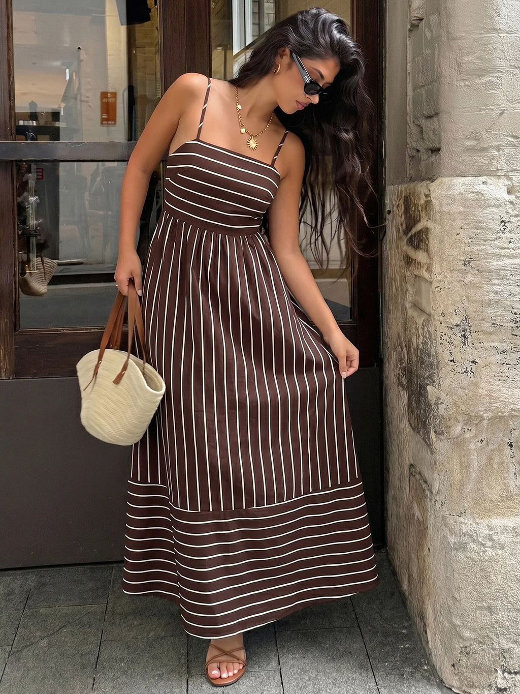 2026 Summer New Striped Backless Loose Beach Dress Women Causal Slip Strapless Long Dress Women Chic Party Holiday Dress by Geo’s Online Store