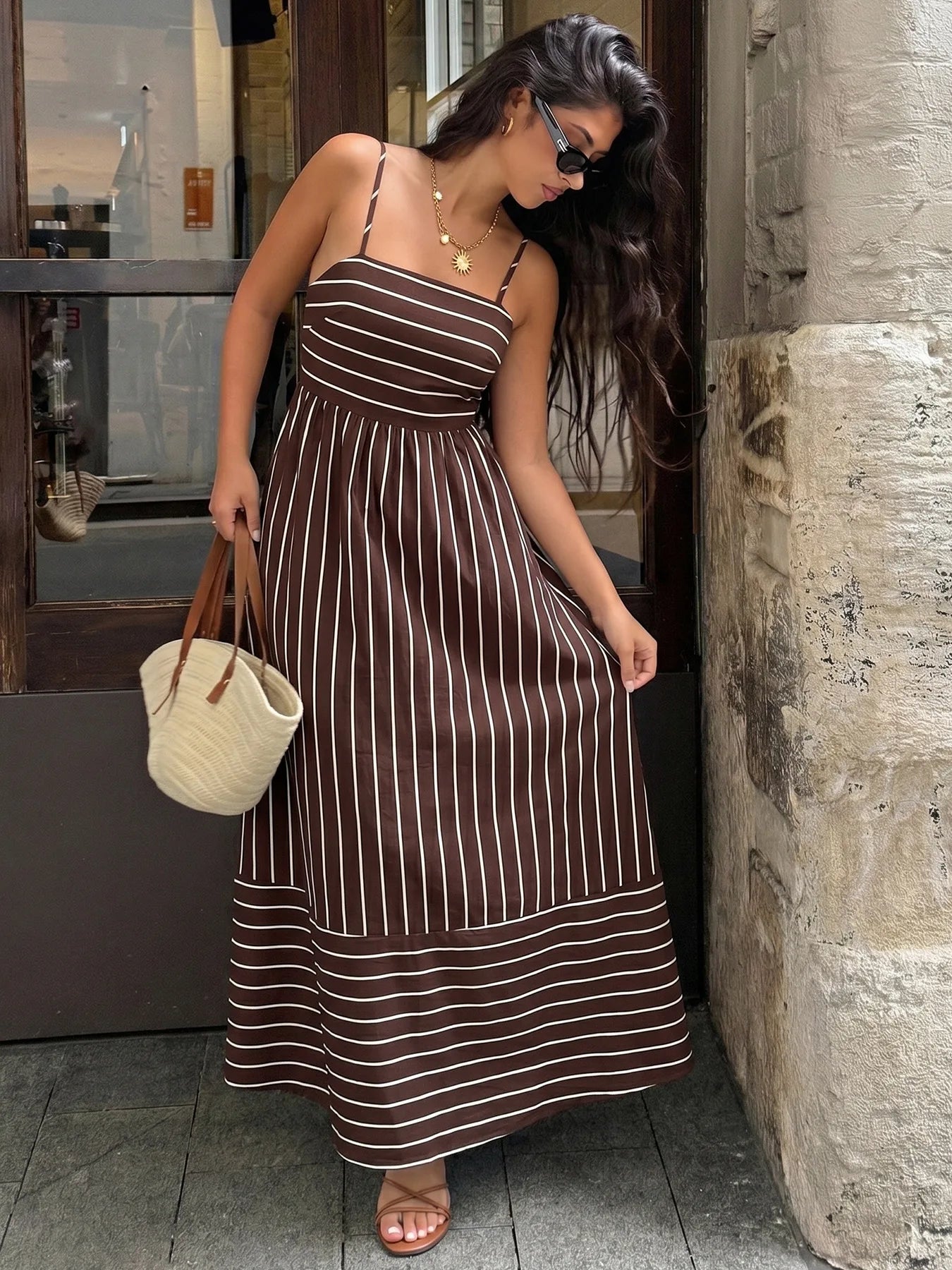 2026 Summer New Striped Backless Loose Beach Dress Women Causal Slip Strapless Long Dress Women Chic Party Holiday Dress by Geo’s Online Store