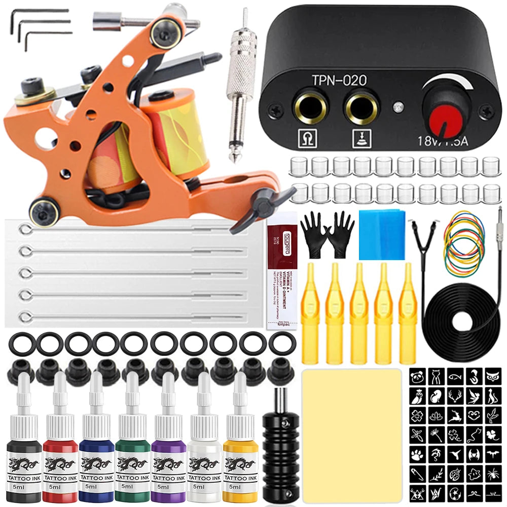 Complete Tattoo Machine Kit Coil Tattoo Machine Set Tattoo Beginner Power Supply Grip Body Art Tools Permanent Makeup Tattoo Set by Geo’s Online Store