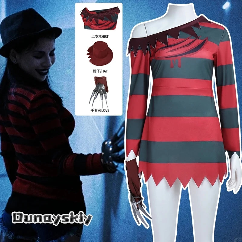 Yumekiri@3Pcs Freddy Krueger Costume Cospaly Costumes Halloween Killer Knitted Dress Hat Gloves Full Set Carnival Disguise by Geo’s Online Store