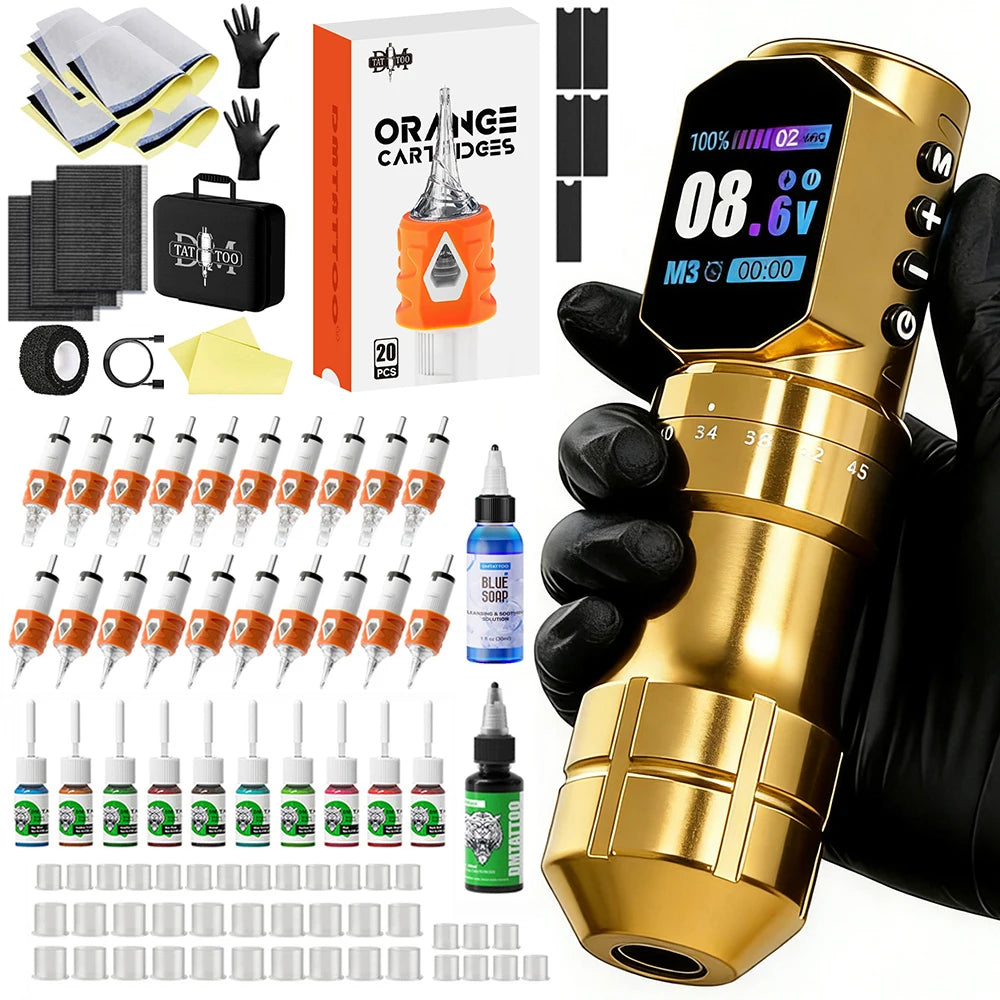 Tattoo Machine Kit Professional Adjustable Stroke Wireless Coreless Brushless Motor Tattoo Pen With Tattoo Blue Soap Tattoo Ink by Geo’s Online Store