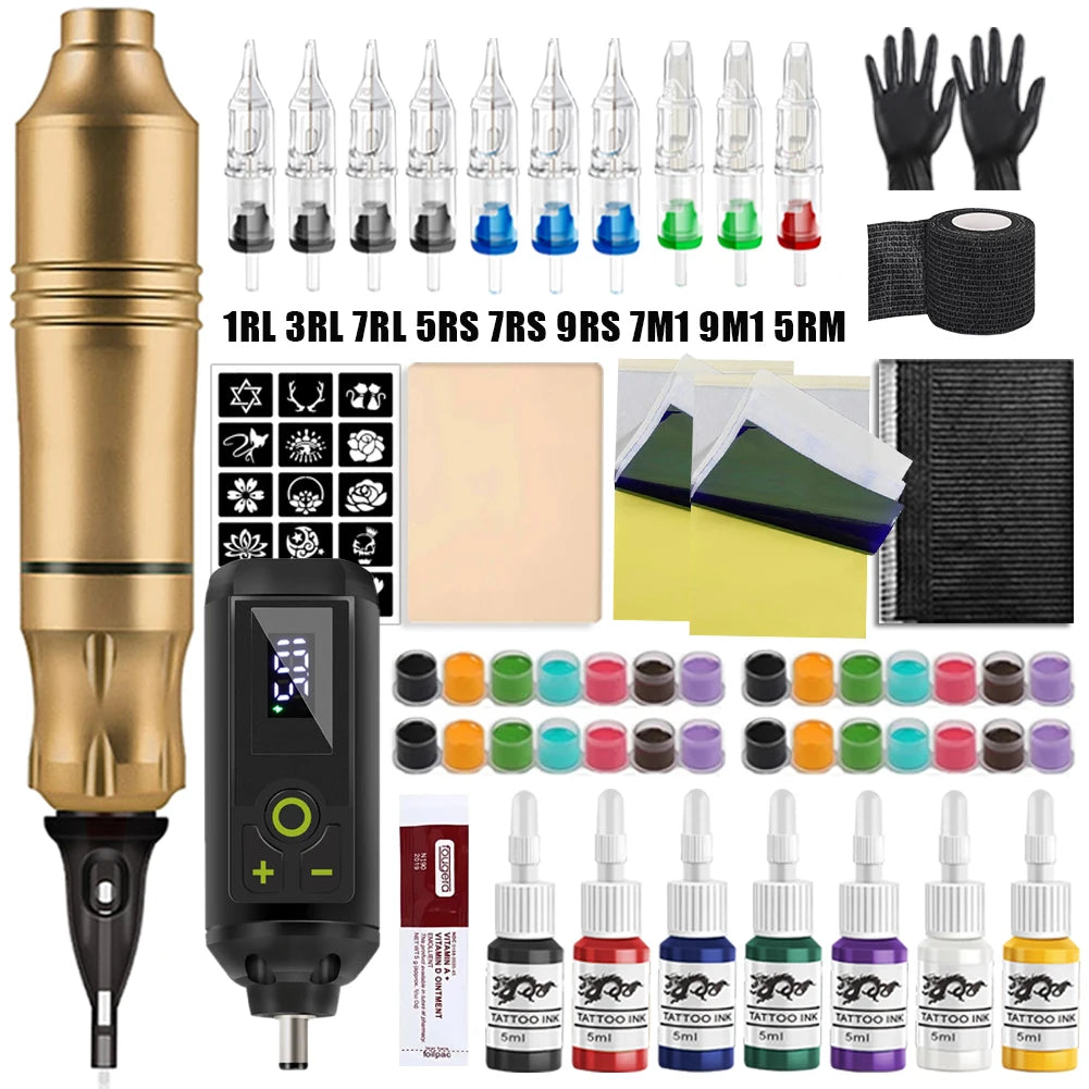 Professional Wireless Tattoo Machine Kit Rotary Tattoo Pen Kit with Wireless Power Supply Inks Needles for Tattoo Beginners Kits by Geo’s Online Store