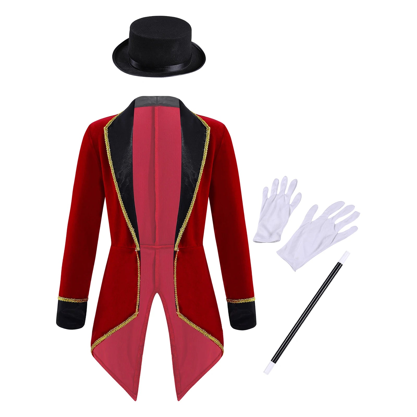 Girls Boys Circus Ringmaster Magician Showman Carnival Cosplay Costume Set Long Sleeve Lapel Tailcoat with Hat Magic Wand Gloves by Geo’s Online Store