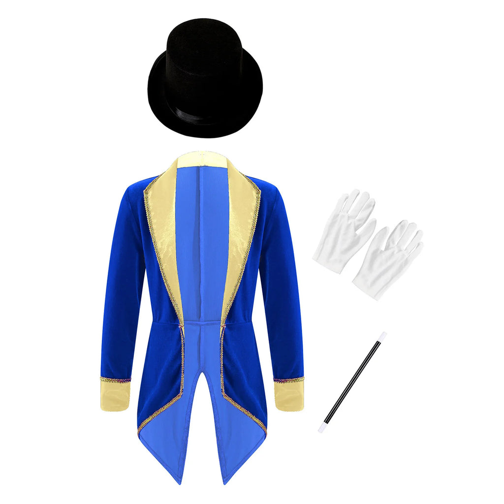 Girls Boys Circus Ringmaster Magician Showman Carnival Cosplay Costume Set Long Sleeve Lapel Tailcoat with Hat Magic Wand Gloves by Geo’s Online Store