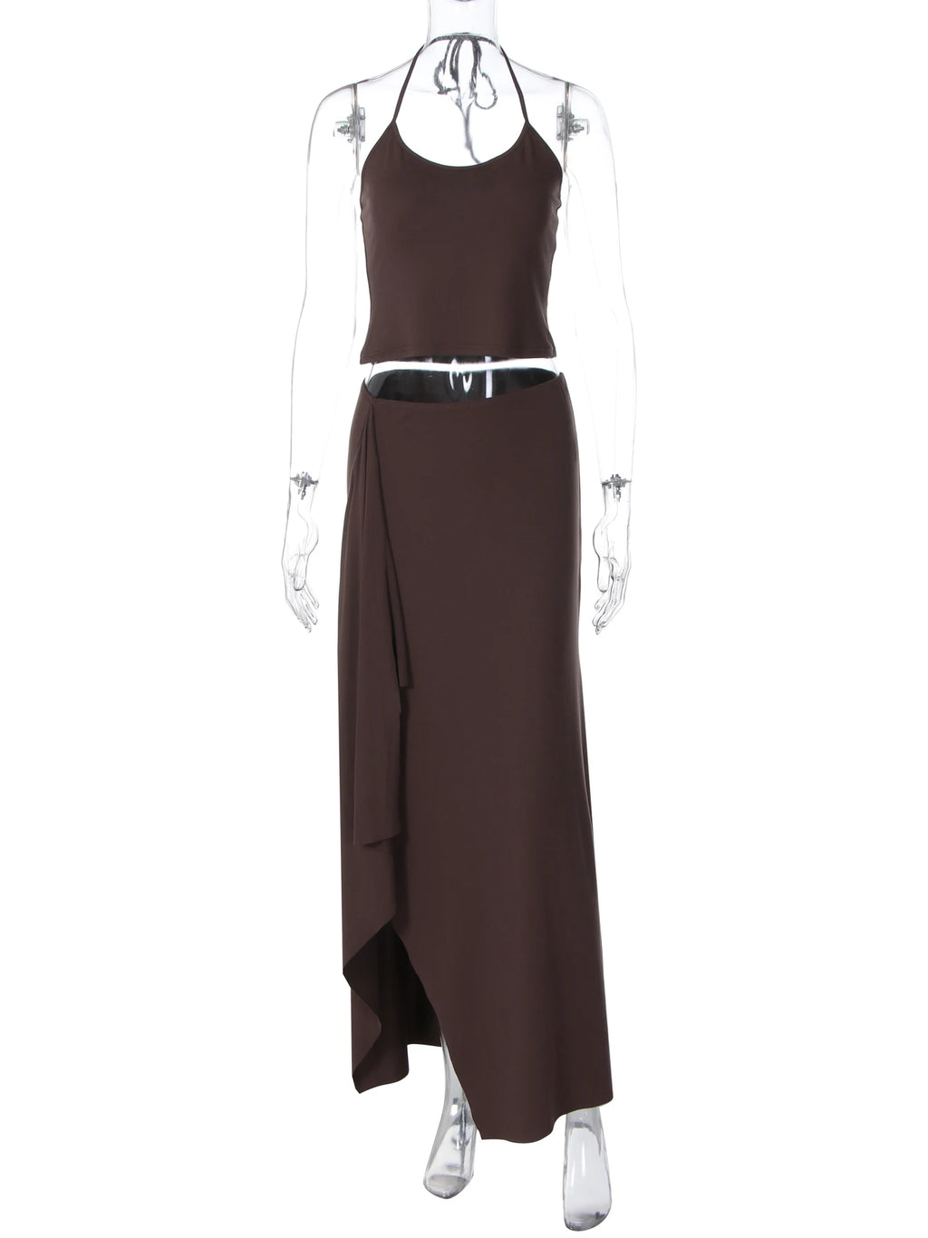 Hugcitar Fashion 2 Pcs Sets Halter Solid Backless Lace Up Sexy Crop Tank Top Ruched Maxi Skirt Women Outfit Beach Vacation Sport by Geo’s Online Store