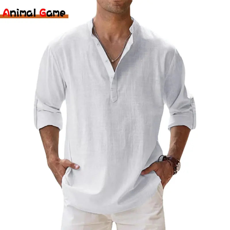 New Cotton Linen Shirts for Men Casual Shirts Lightweight Long Sleeve Henley Beach Shirts Hawaiian T Shirts for Men by Geo’s Online Store