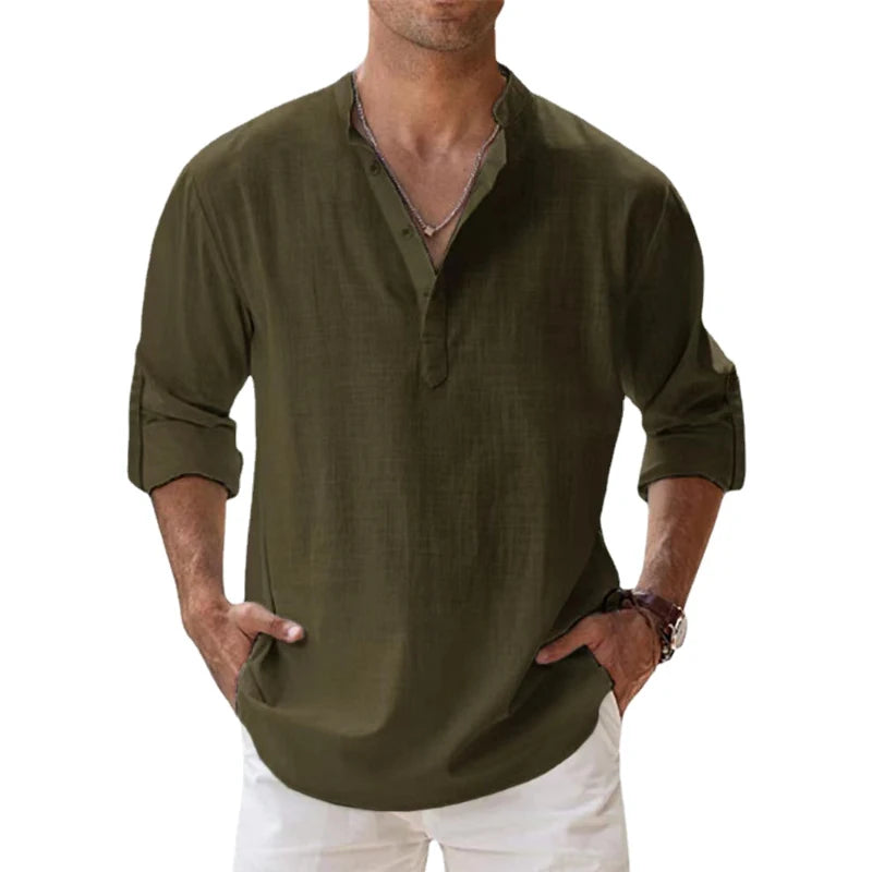 New Cotton Linen Shirts for Men Casual Shirts Lightweight Long Sleeve Henley Beach Shirts Hawaiian T Shirts for Men by Geo’s Online Store
