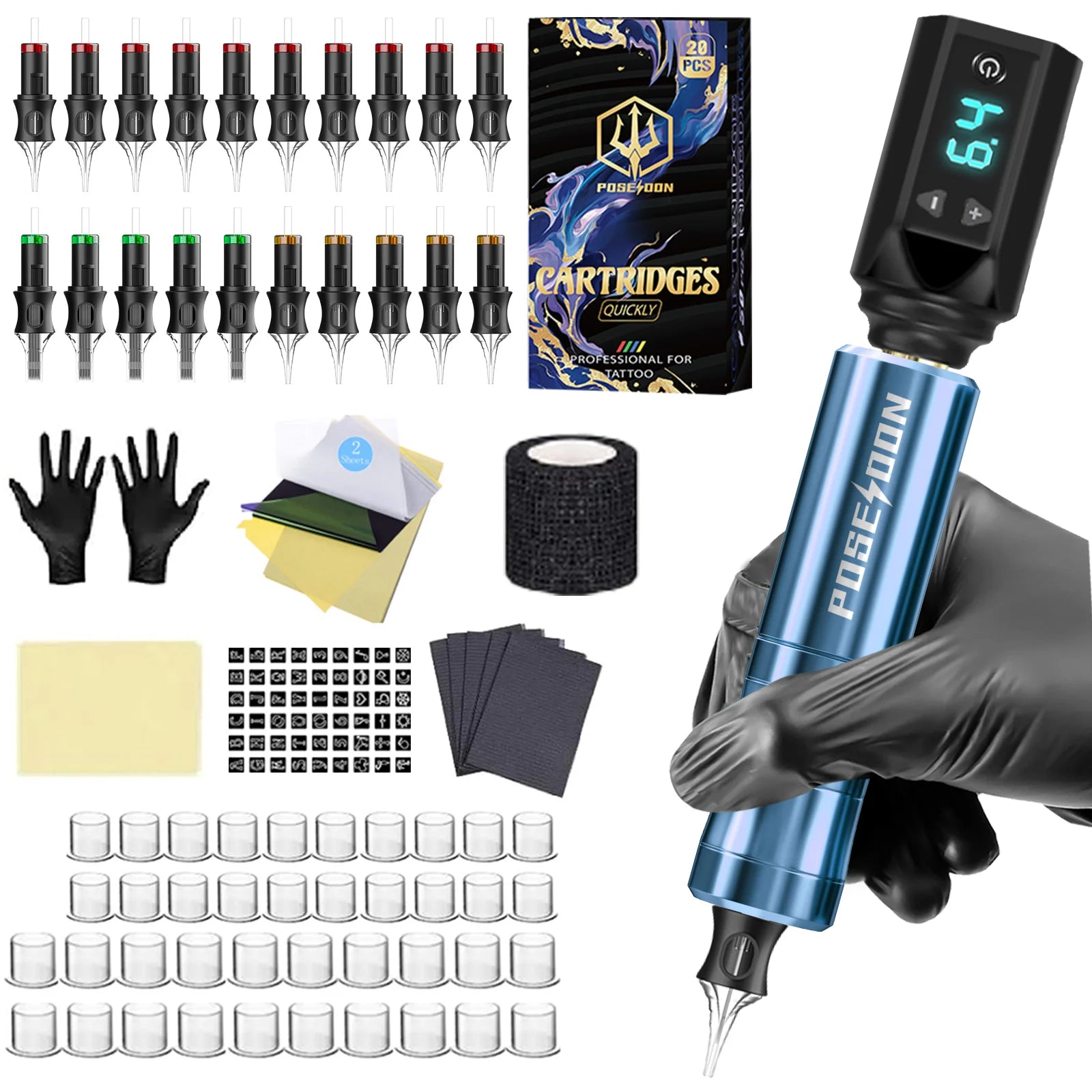 Tattoo Kit POSEIDON V5 High Quality Tattoo Pen Kit For Permanent Makeup Tattoo Machine Wireless Tattoo Power Supply Tattoo Kit by Geo’s Online Store