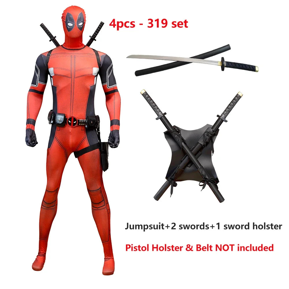 Deadpool Child Costume Halloween Costumes Kids Men Adult Superhero Bodysuit Jumpsuit Children Cosplay Costume Swords Accessories by Geo’s Online Store