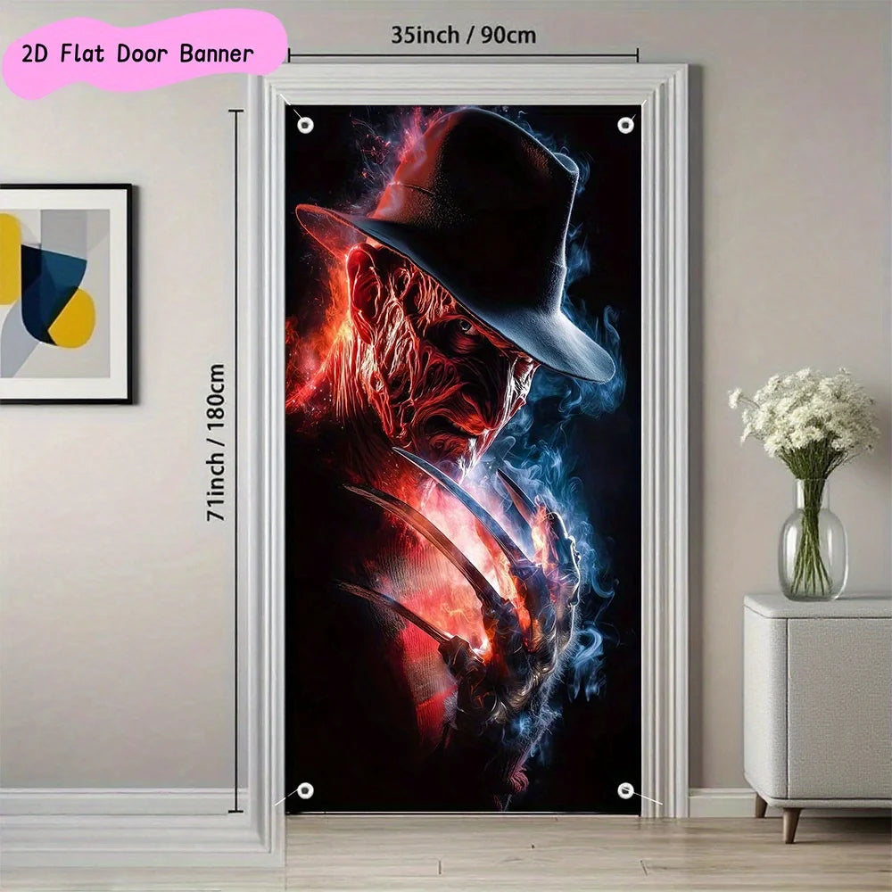 A 2D flat polyester door banner from the horror movie Freddy Krueger, suitable for party decoration and Halloween decoration by Geo’s Online Store