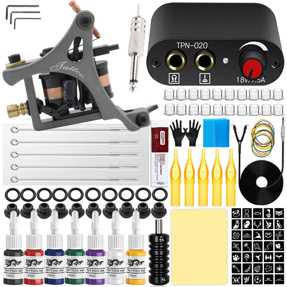 Complete Tattoo Machine Kit Coil Tattoo Machine Set Tattoo Beginner Power Supply Grip Body Art Tools Permanent Makeup Tattoo Set by Geo’s Online Store