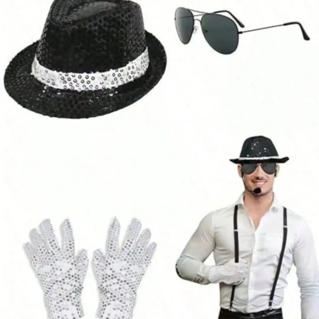 Michael Jackson Costume Accessories Set - Sequin Fedora Hat + Rhinestone Gloves + Aviator Sunglasses, Halloween Cosplay Party Dr by Geo’s Online Store