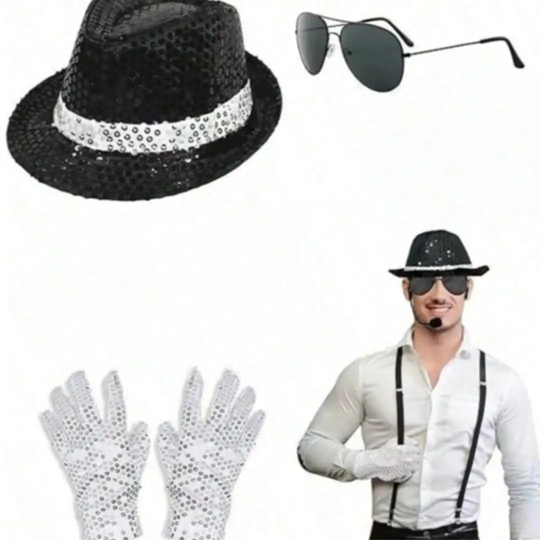 Michael Jackson Costume Accessories Set - Sequin Fedora Hat + Rhinestone Gloves + Aviator Sunglasses, Halloween Cosplay Party Dr by Geo’s Online Store