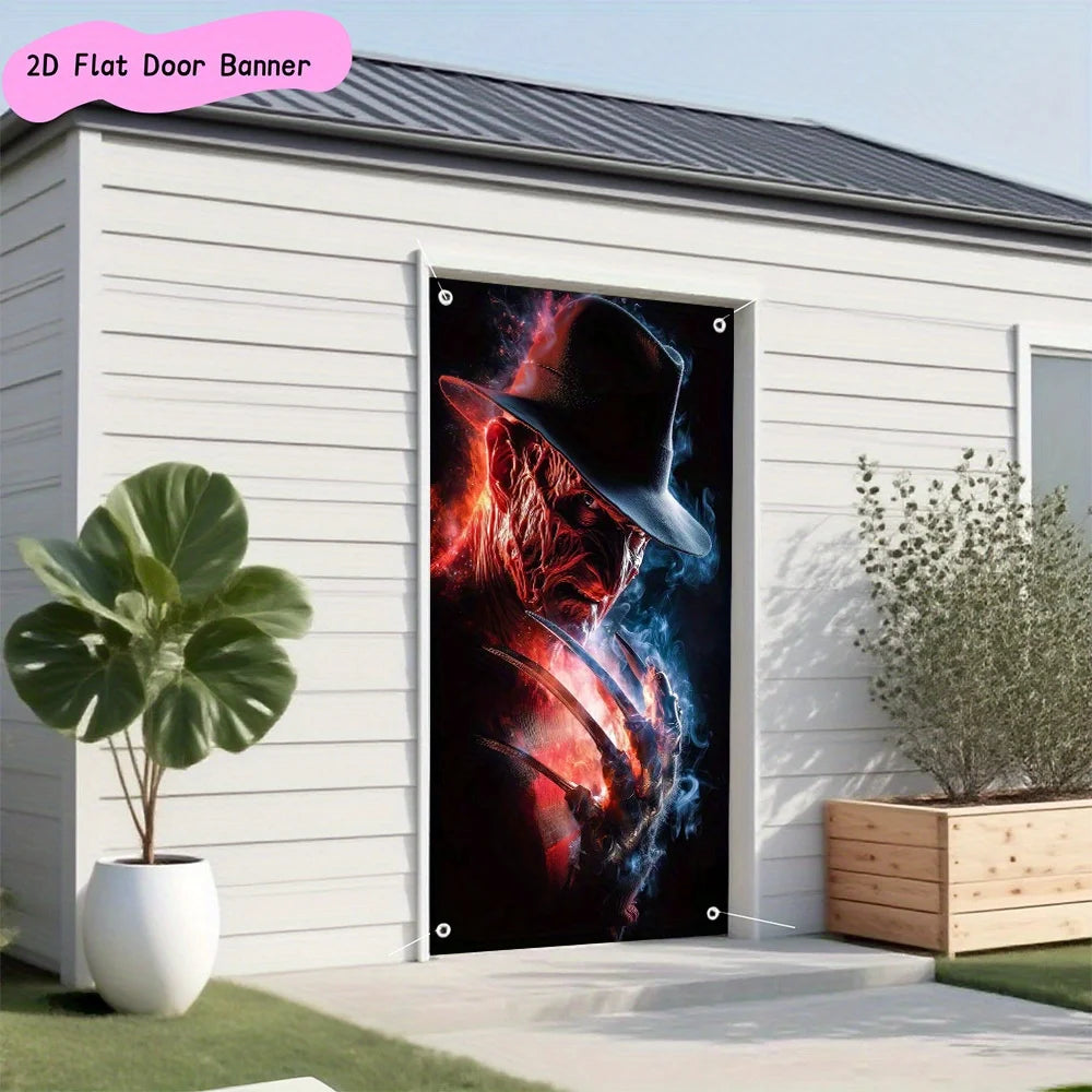 A 2D flat polyester door banner from the horror movie Freddy Krueger, suitable for party decoration and Halloween decoration by Geo’s Online Store